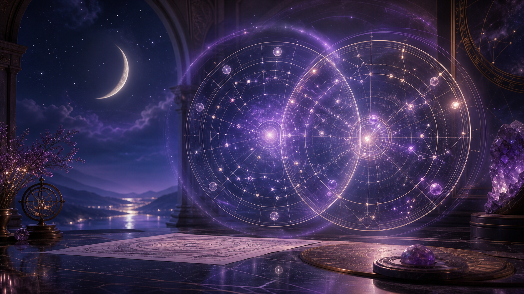 Two luminous astrological birth chart wheels overlapping in a moonlit spiritual observatory.